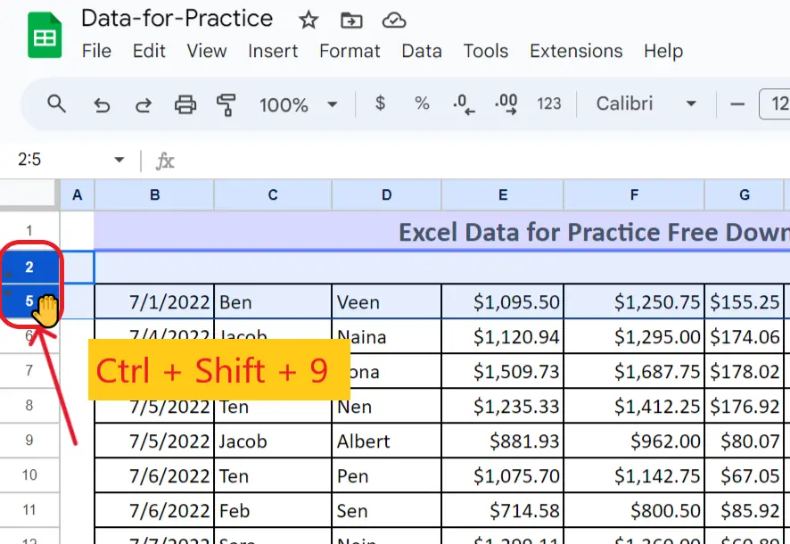 How to unhide rows in google sheets